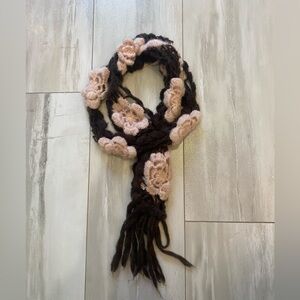 Old Navy Neutral Light Pink and Brown Knitted Flower Fringed Scarf